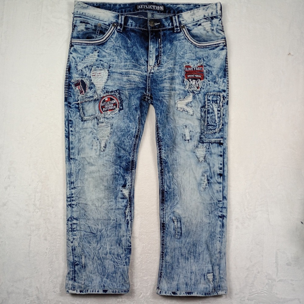Affliction Freedom‎ Defender Distressed Acid Wash Blue Denim Jeans Mens Patches